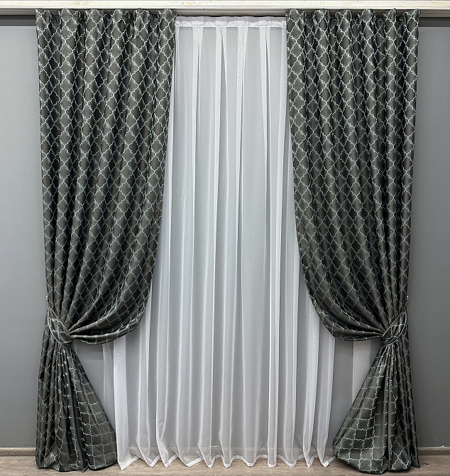 Комплект готовых штор VR-Textil Жаккард SAPFIR № 1754ш Графитовый с бирюзовым 100х300 см 2 шт (31-815) Киев - изображение 2