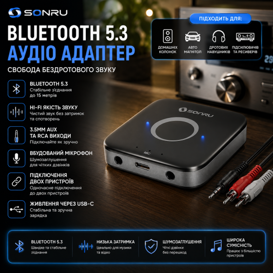 Bluetooth 5.3 адаптер-ресивер SONRU AUX RCA для авто та дому Hi-Fi аудіоприймач з шумозаглушенням та акумулятором Київ