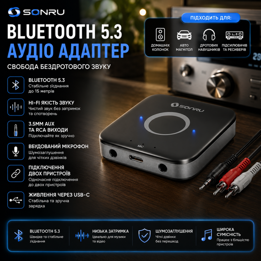 Bluetooth 5.3 адаптер-ресивер SONRU AUX RCA для авто та дому Hi-Fi аудіоприймач з шумозаглушенням та акумулятором Київ - фото 1
