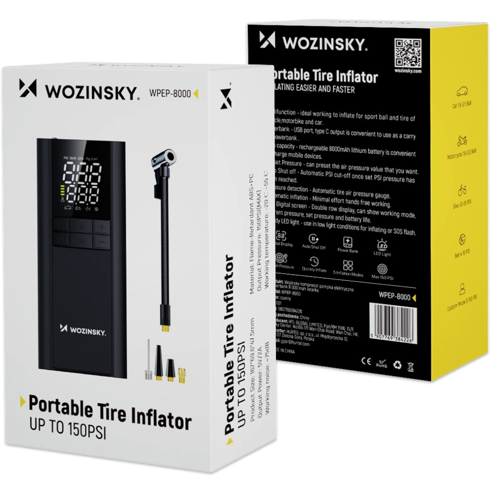 Автомобільний портативний компресор Wozinsky WPEP-8000 150 PSI, Power Bank 8000 мАг, Black Винница - изображение 6