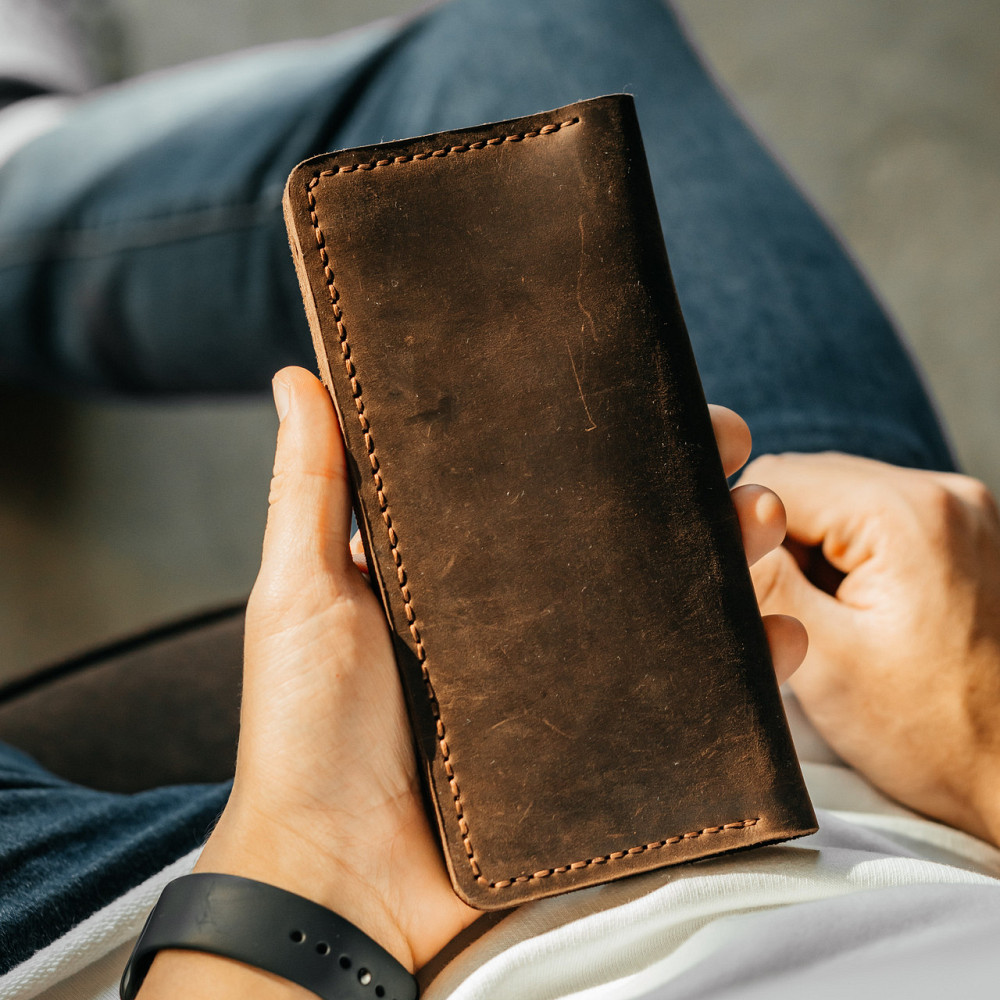 Клатч чоловічий шкіряний Лонгер Коричневий стильний на кнопках 20х10 см з відділеннями для купюр, карт та монетMasterSem Київ - фото 1