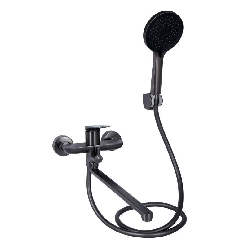 Смеситель для ванны с длинным поворотным изливом, c душевым гарнитуром Qtap Vlasta New, Gunmetal Black PVD Харьков - изображение 1