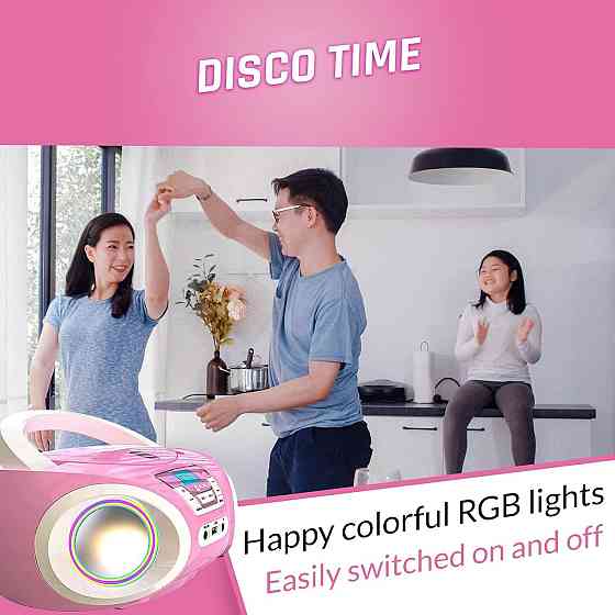 CD-плеєр з FM-радіо, бумбокс портативний з RGB-підсвіткою, USB/AUX, на батарейках Boombox рожевий, п Київ