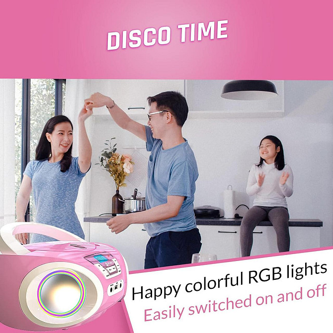 CD-плеер с FM-радио, бумбокс портативный с RGB-подсветкой, USB/AUX на батарейках розовый, проигрыват Киев - изображение 3