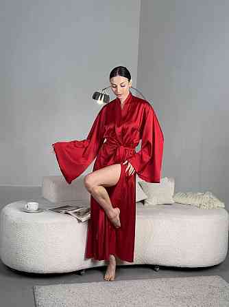 Женский домашний халат макси на запах из шелка армани Красный, 48/50 Одесса