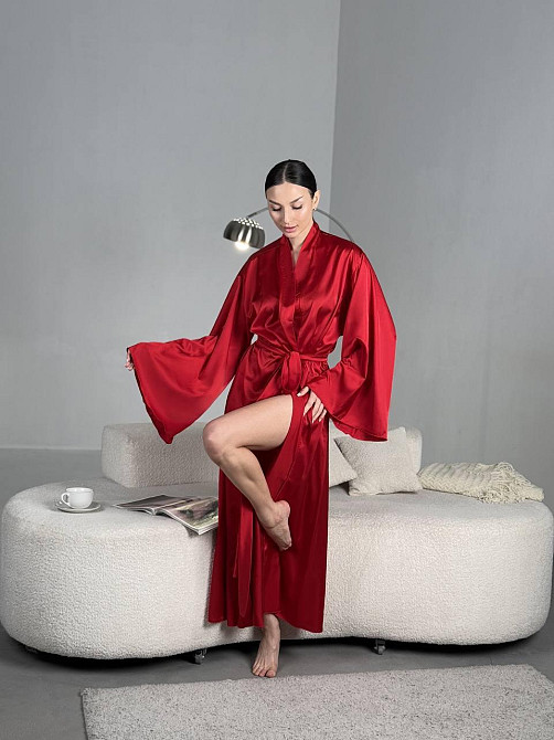 Женский домашний халат макси на запах из шелка армани Красный, 48/50 Одесса - изображение 1