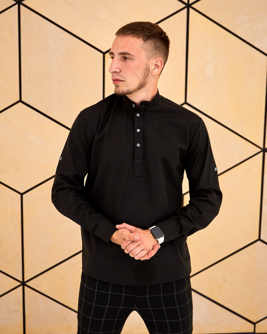 Сорочка чоловіча льон довгий рукав Чорний XL Харків - фото 1