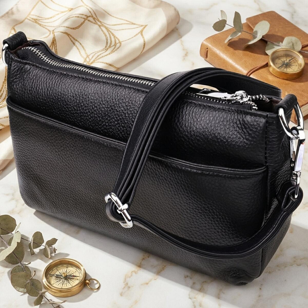 Жіноча сумка з двома ремінцями із натуральної шкіри Vintage 22926 Чорний Київ - фото 14