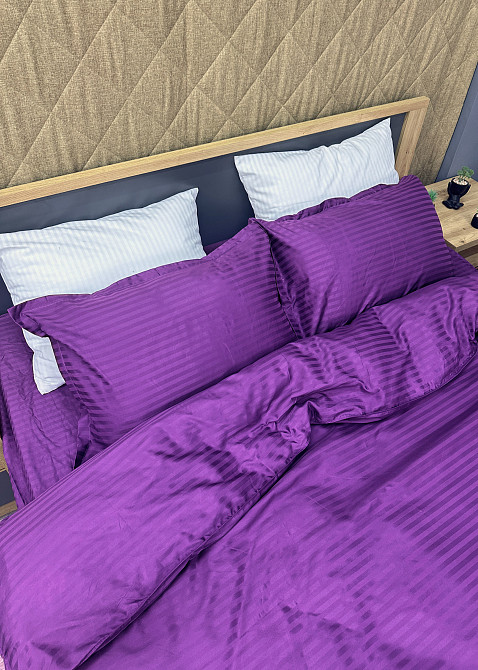 Комплект постельного белья Страйп-сатин Евро 200х230 с простыней на резинке Фуксия (88-093) Киев - изображение 6