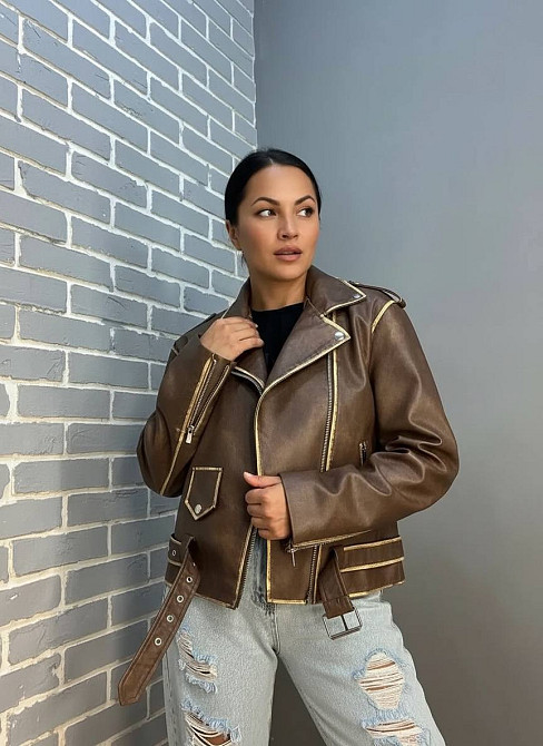 Куртка жіноча Aftf Basic 2456 косуха з екошкіри потерті шви коричнева, коричневий, S Київ - фото 20