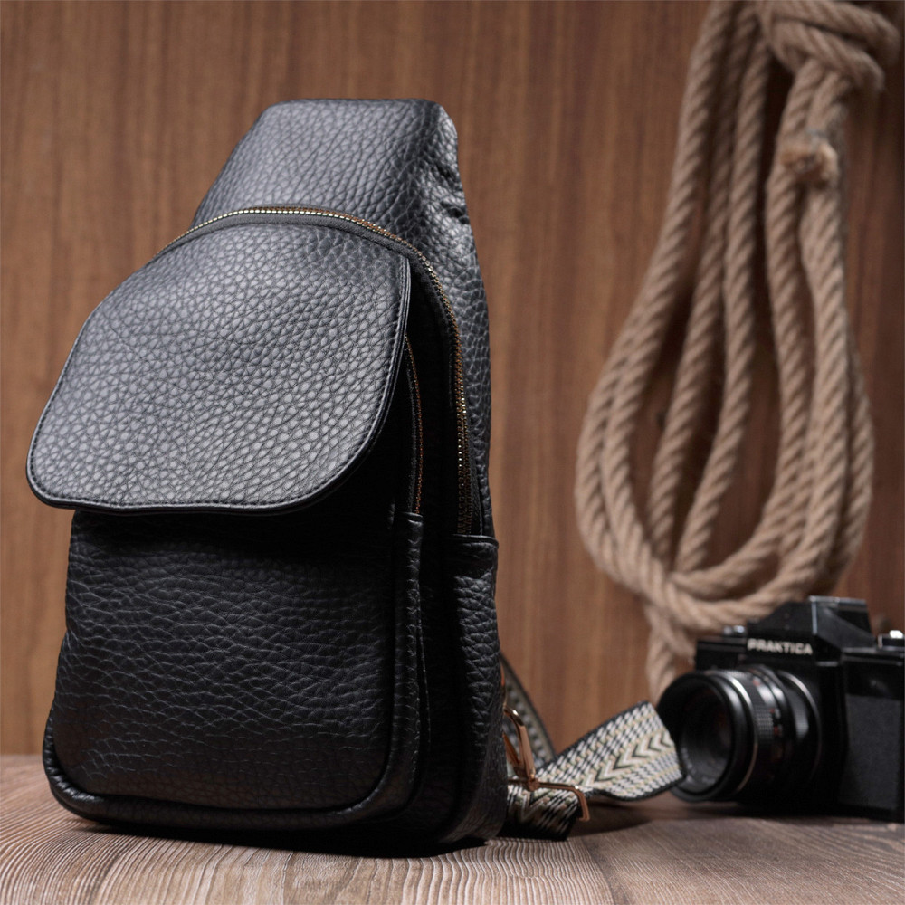 Зручна жіноча сумка з однією лямкою через плече з великозернистої екошкіри Vintage 22763 Чорний Київ - фото 10