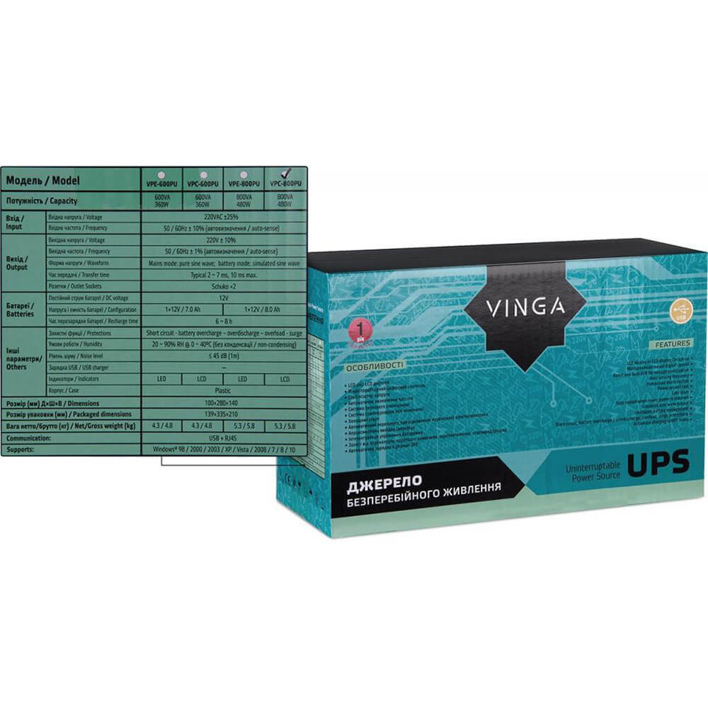 Джерело безперебійного живлення Vinga VPC-800PU 800ВА / 480 Вт з LCD-дисплеєм з USB у пластиковому корпусі Киев - изображение 10