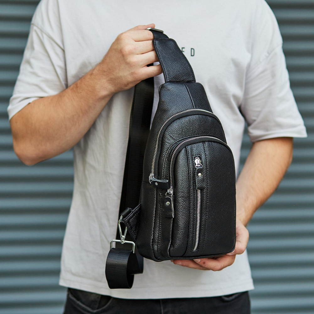 Сумка-слинг мужская на одно плечо 18х32х7, нагрудной рюкзак из натуральной кожи 74521 черный Каменское - изображение 15