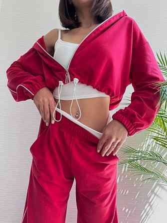Женский прогулочный костюм тройка: кофта топ и штаны  двунить + микродайвинг Красный, 42/44 Одесса