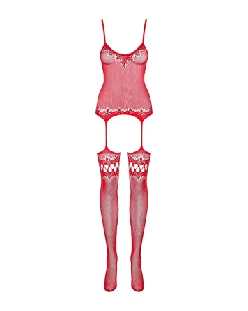 Бодістокінг Obsessive Bodystocking F214 red S/M/L, імітація корсета та панчіх на підв’язках Львів
