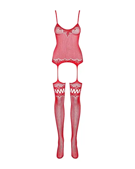 Бодістокінг Obsessive Bodystocking F214 red S/M/L, імітація корсета та панчіх на підв’язках Львов - изображение 5