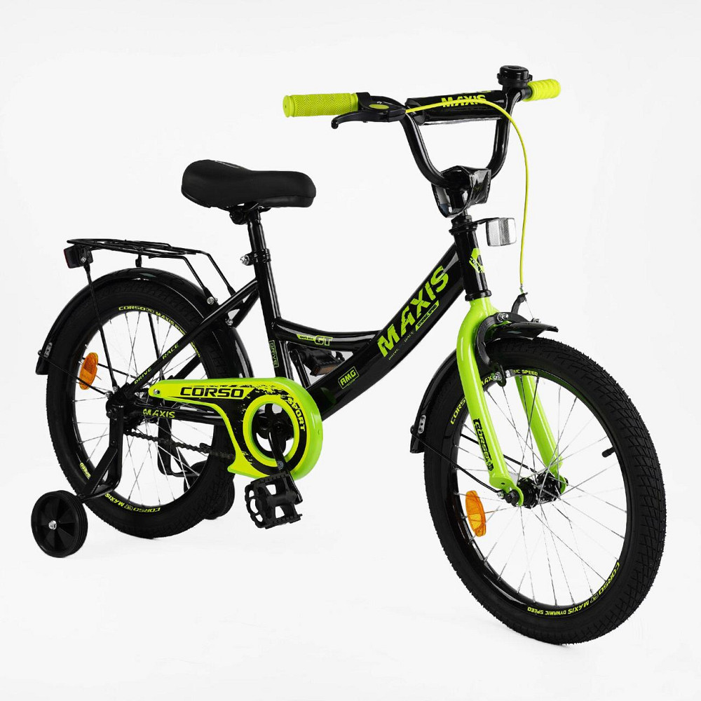 Велосипед Corso MAXIS двоколісний 18 дюймів з додатковими колесами дзвіночком багажником Чорно-салатовий (CL-18130) Чернигов - изображение 1