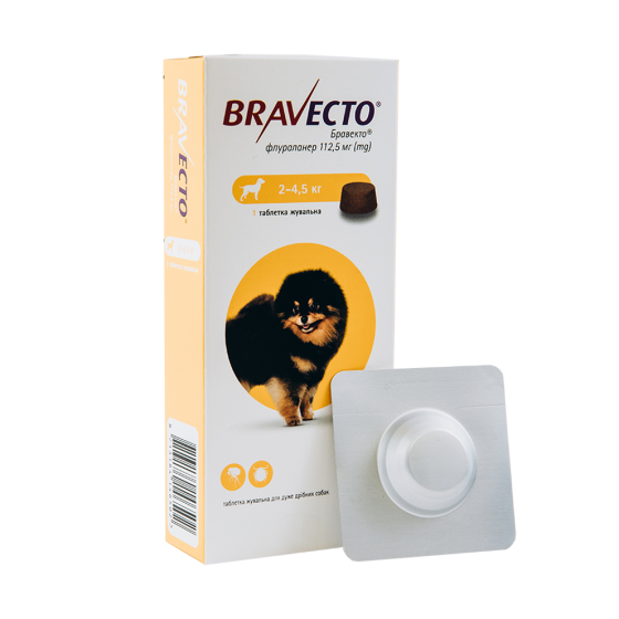 Бравекто 112.5 мг 1 таблетка для собак 2-4.5 кг (от блох и клещей на 3 мес) MSD Нидерланды (срок до 04.2026 г) Винница