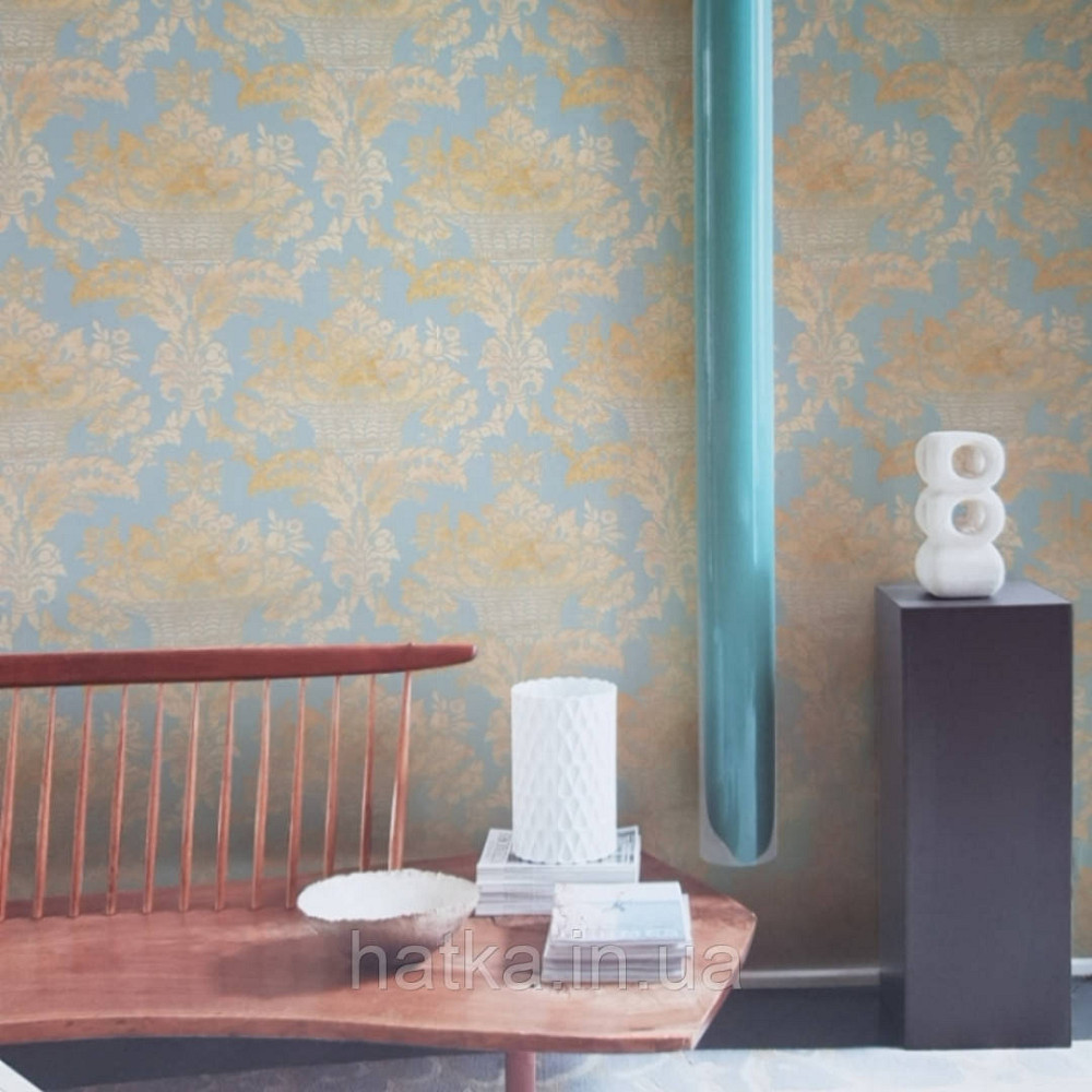 Шпалери вінілові на флізелін Sirpi Alta gamma Sempre 3 вензелі великі структурні золотисті на бірюзовому тлі Київ - фото 3