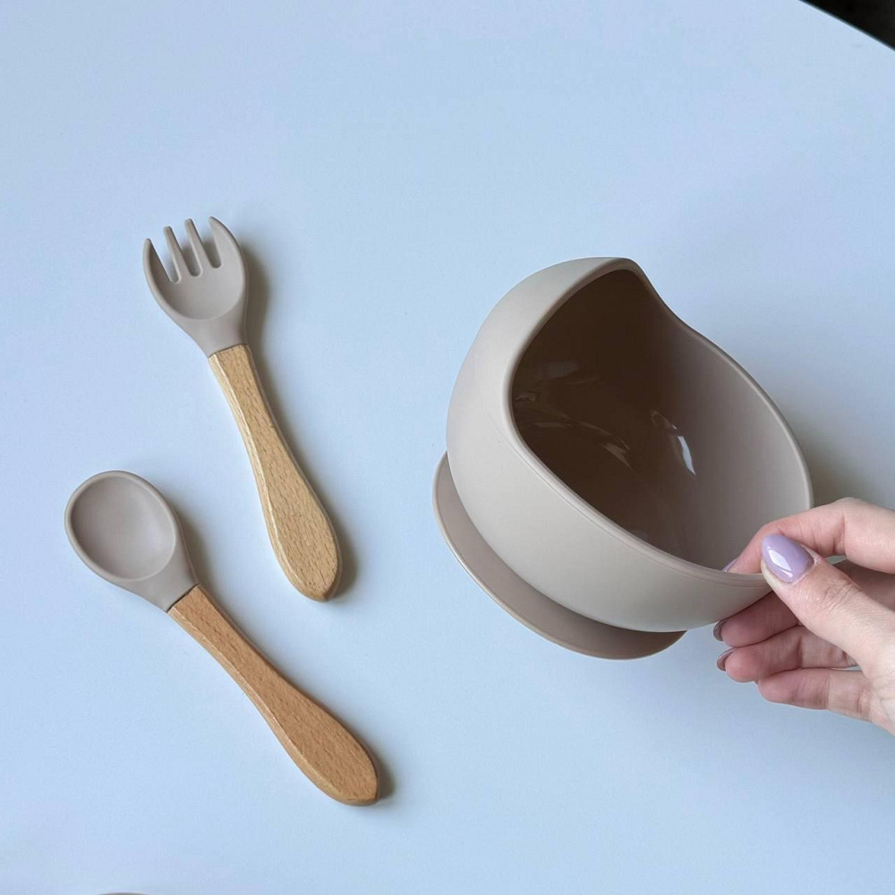Детский набор силиконовой посуды для первого прикорма 9 предметов силиконовая посуда на присосках цвет беж Киев - изображение 7