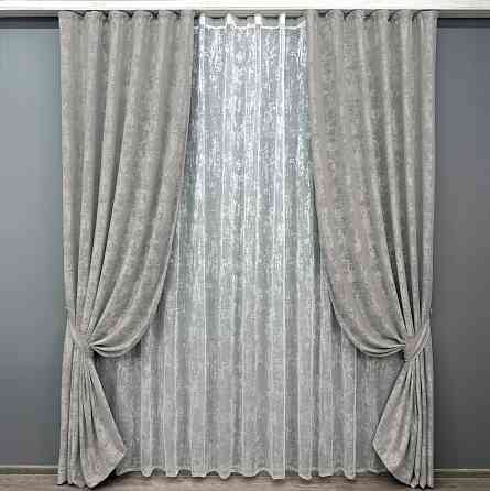 Комплект штор VR-Textil Жаккард Мрамор 100х270 2шт и Тюль 300х270 1124ш-1400т Светло-серый с белым 71-058/1 Киев