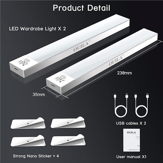 Светильник OUILA с датчиком движения 23см, LED USB, 3 режима, диммируемый, для шкафа, кухни, коридор Киев - изображение 2