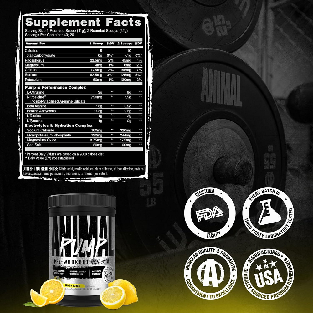 Передтренувальний комплекс Universal Nutrition Animal Pump Non-Stim Powder 442 г, Lemon Surge Луцьк - фото 2
