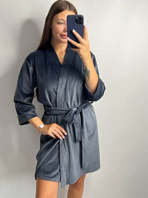 Халат жіночий плюш велюр під пояс Графітовий M Харків - фото 1