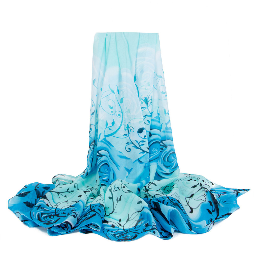 Шарф с розами шифоновый женский 145 на 48 см голубой Киев - изображение 5