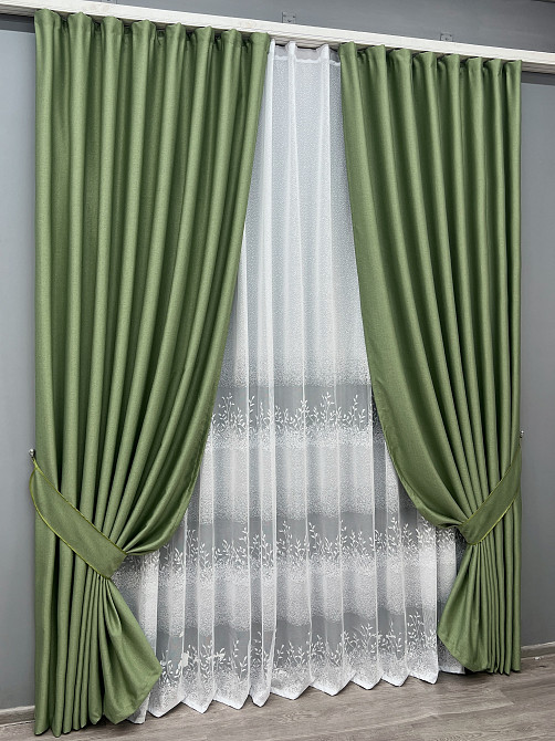 Комплект штор VR-Textil Шеніл 200х270 2шт і Тюль 500х270 1684ш-1680т Зелений з білим 71-199/6 Київ - фото 2