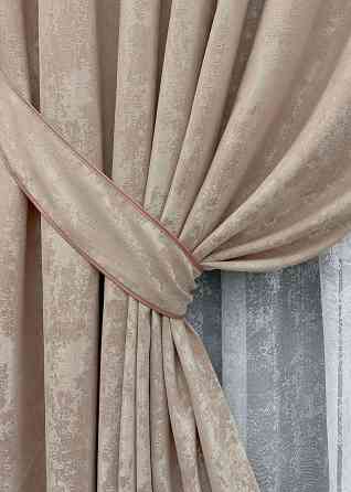 Комплект штор VR-Textil Жаккард Мрамор 150х270 2шт и Тюль 400х270 1290ш-1400т Бежево-пудровый с белым 71-120/3 Киев