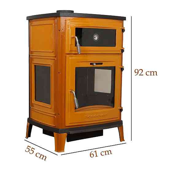 Піч-камін чавунна на дровах з духовкою Hosseven 8000E 13 кВт три скла верхній димохід жовта Київ