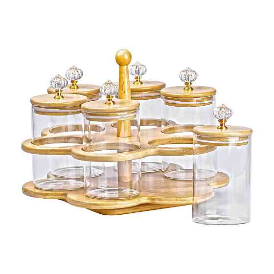 TS Kitchen Банки для сипучих продуктів набір із 6 штук по 580 мл на дерев'яній підставці Коломыя