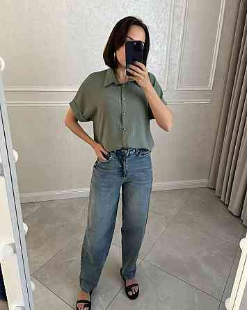 Женская легкая базовая рубашка с коротким рукавом на пуговицах американский креп 46/48, Оливка Одесса