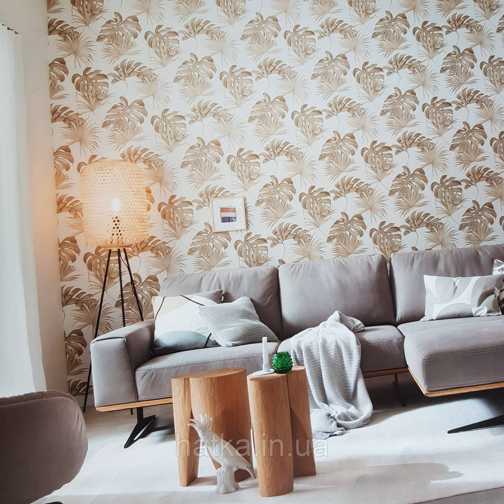 Шпалери вінілові на флізелін Marburg New Spirit Schoner Wohnen листя папороті монстери бежеві на молочному Київ - фото 1
