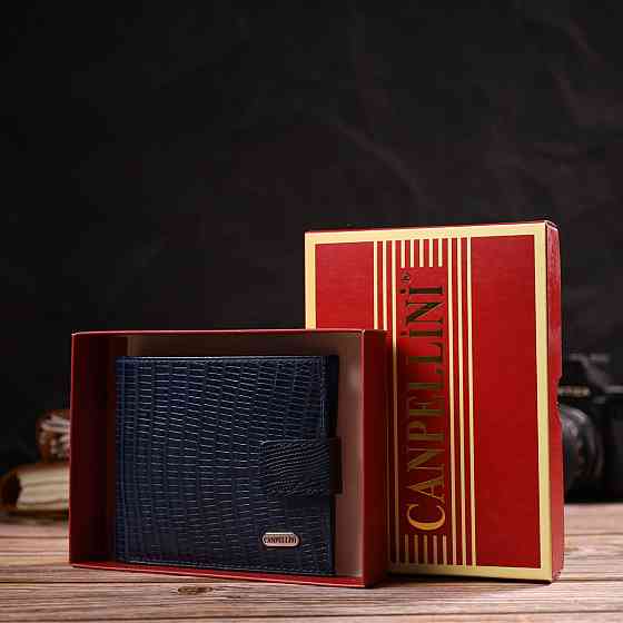 Мужской бумажник горизонтального формата из натуральной кожи с тиснением Синий (CANPELLINI) Киев