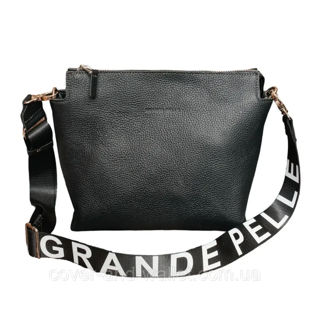 Стильна жіноча сумка через плече з фактурної шкіри чорного кольору Grande Pelle 746710 Київ - фото 2