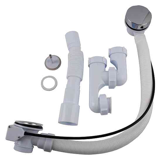 Сифон OPTIMUM для ванни з ревізією, переливом напівавтомат (трос 580, ручка хром) та гофротрубою 40*40/50 OPTI 27433 Тернополь