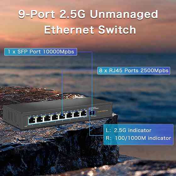 Davuaz 2.5G Ethernet комутатор з 8 портами 2.5G Base-T та 1 портом 10G SFP, безвентиляторний, Plug & Київ