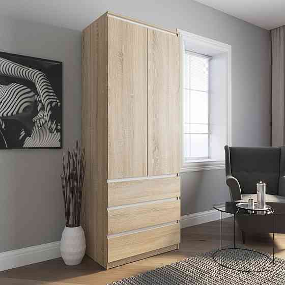 Шафа для одягу VAYS R-9 Дуб Сонома-Білі планки, 3 шухляди, штанга, без ручок, ЛДСП, 80×50×211 см – для спальні, вітальні, передпокою Львів