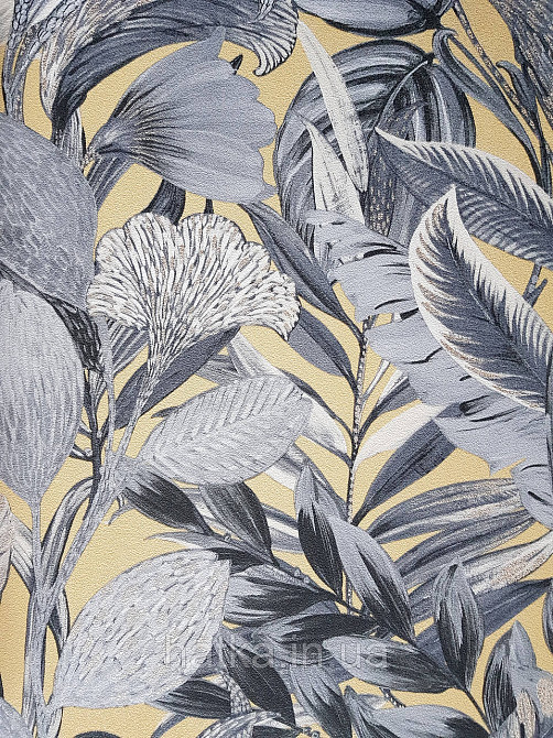 Шпалери метрові вініл на флізелін дизайнерські Erismann Elle Decoration 2 квіти листя сірі золото на жовтому Київ - фото 1