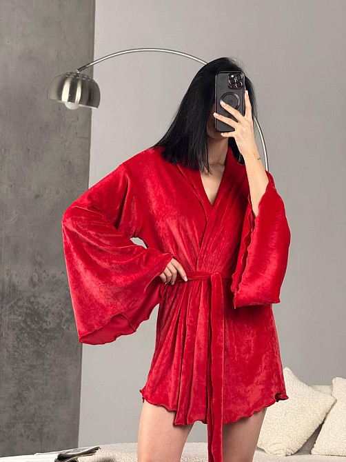 Женский домашний велюровый мини халат плюш велюр Красный, Oversize 42/46 Одесса - изображение 9