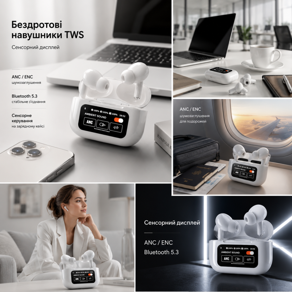 Беспроводные наушники TWS Touch Screen с сенсорным экраном, ANC/ENC шумоподавлением и Bluetooth 5.3, White (Белые) Киев - изображение 7