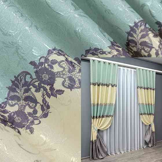 Комплект готових штор VR-Textil Льон № 1022ш Бежевий з бірюзовим 150х270 см 2 шт (30-834) Київ