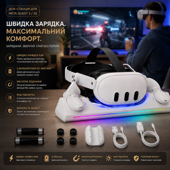 Магнітна зарядна док-станція для Meta Quest 3 / 3S: швидка зарядка 30W, RGB-підсвітка, 2 акумулятори по 1800 мАг, White Київ