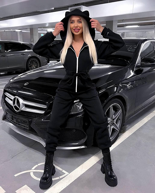 Женский стильный теплый комбинезон с ушками трехнить на флисе Черный, 44/46 Одесса - изображение 5