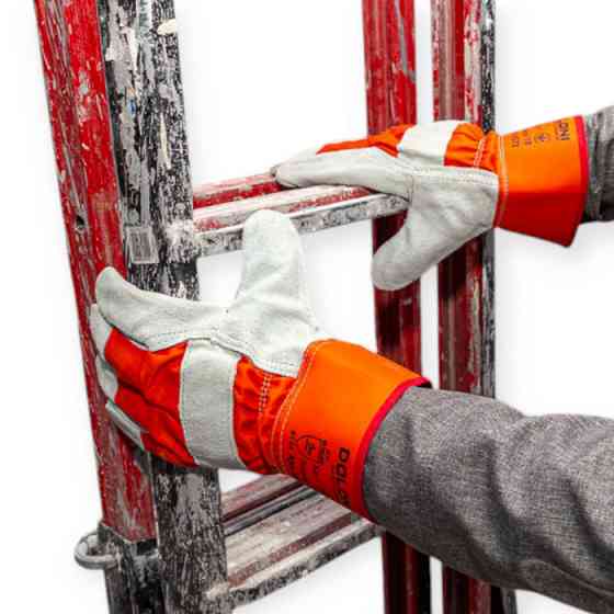 Рукавички "Краги" 27см коров'ячий спилок з тканиною, підкладка бавовна, біло-оранж. Мукачево