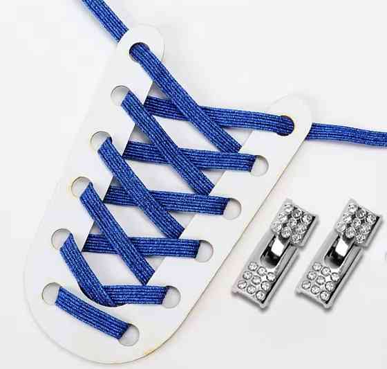 Шнурки эластичные глиттерные с металлической застежкой со стразами Синий Смела