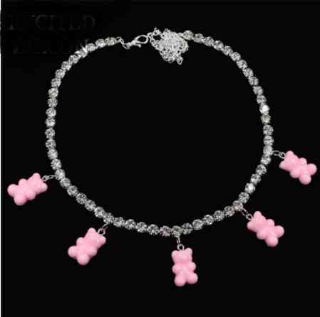 Ожерелье с мишками розовый - длина 35см + 22см, (ругелируется), смола, цинковый сплав Киев