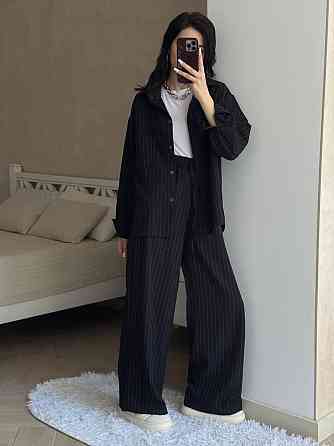 Жіночий базовий брючний костюм-двійка: сорочка та штани в смужку турецький тіар Чорний, 42/46 Одеса